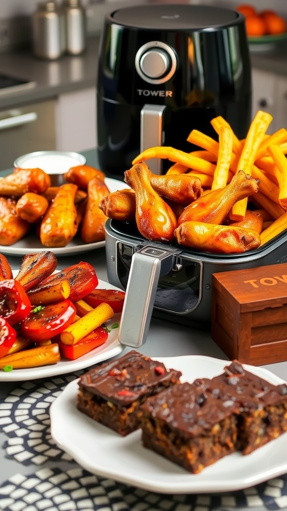 A variety of dishes made in a tower 5-in-1 air fryer including chicken wings, roasted vegetables, and brownies.